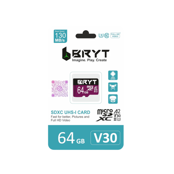 BRYT A2 V30 64 GB Micro SD SDXC UHS-1 Memory Card